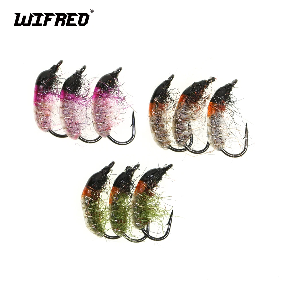 Wifreo 9PCS 10 #   12 #   Checa ninfa camarón mosca Scud insecto gusano moscas trucha Grayling pesca señuelo cebo oliva gris rosa