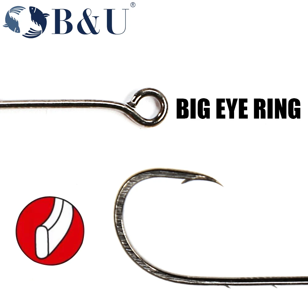 B & U 20 piezas anillo de ojos grandes, anzuelo de pesca con púas, anzuelos individuales de acero al carbono, anzuelos de gusano para pesca, anzuelos de gusano suaves de acero rico en carbono - imagen 3