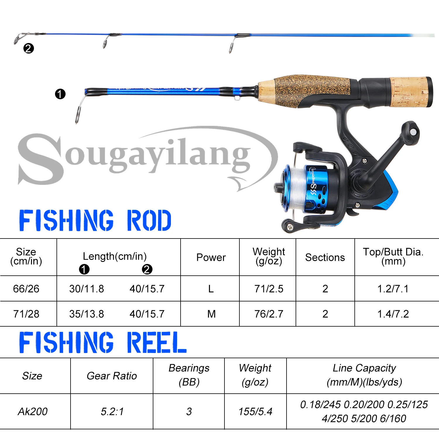 Sougayilang-caña de pescar en hielo, Combo de carrete giratorio de fibra de carbono, Ratio de engranaje de velocidad 5,2: 1, arrastre máximo de 8Kg, 66/71cm - imagen 2