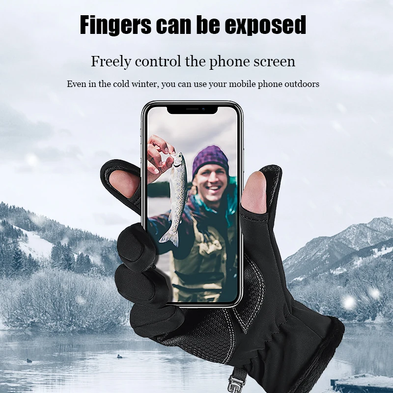 Guantes de pesca gruesos, manoplas cálidas antideslizantes, resistentes al agua, con dos dedos cortados, pantalla táctil, accesorios de pesca para invierno al aire libre, 1 par - imagen 4