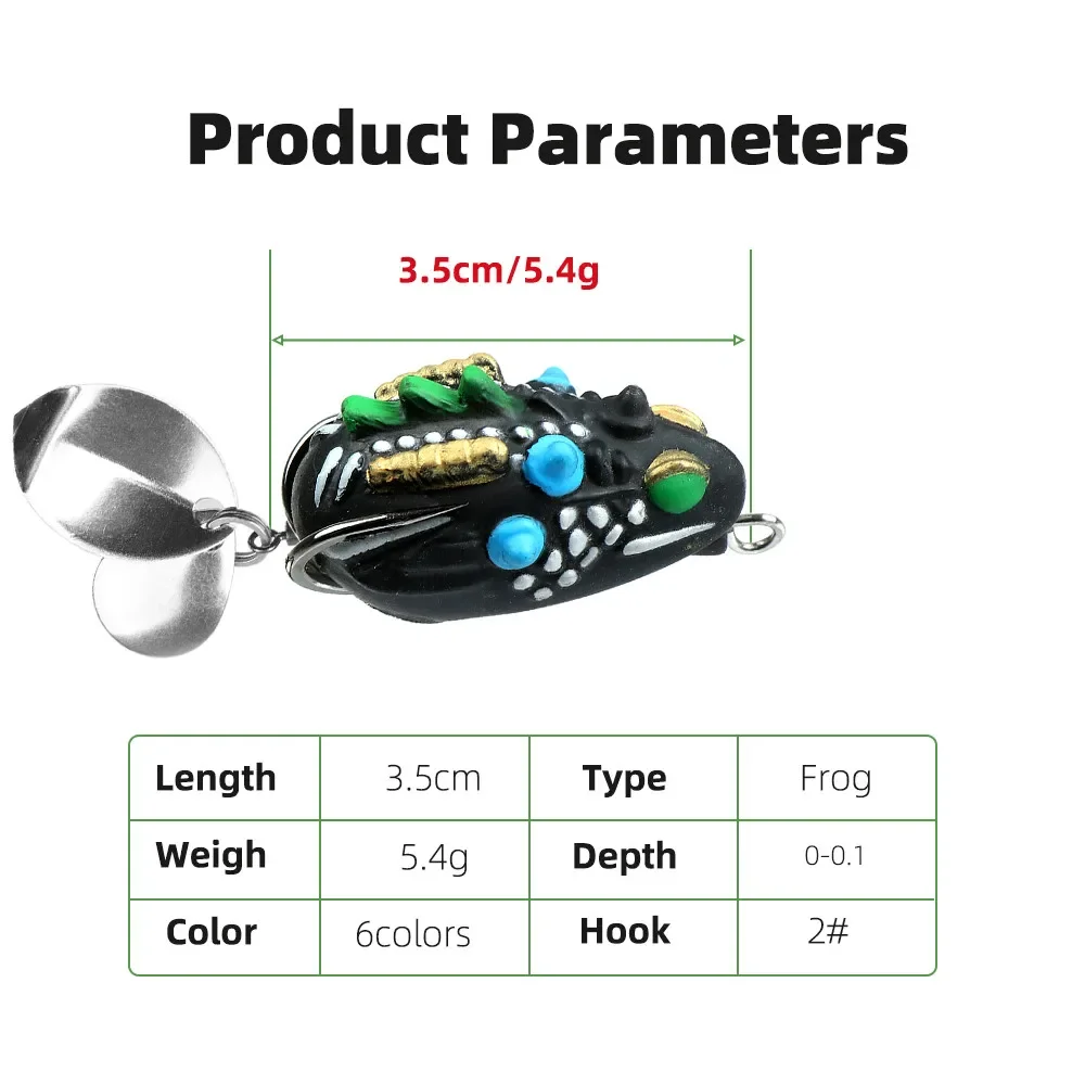 Señuelo de pesca de rana suave de 3,5 cm/5,4g, Mini señuelo suave, anzuelos dobles mejorados, cebo Artificial de rana con rayos de agua superiores - imagen 3