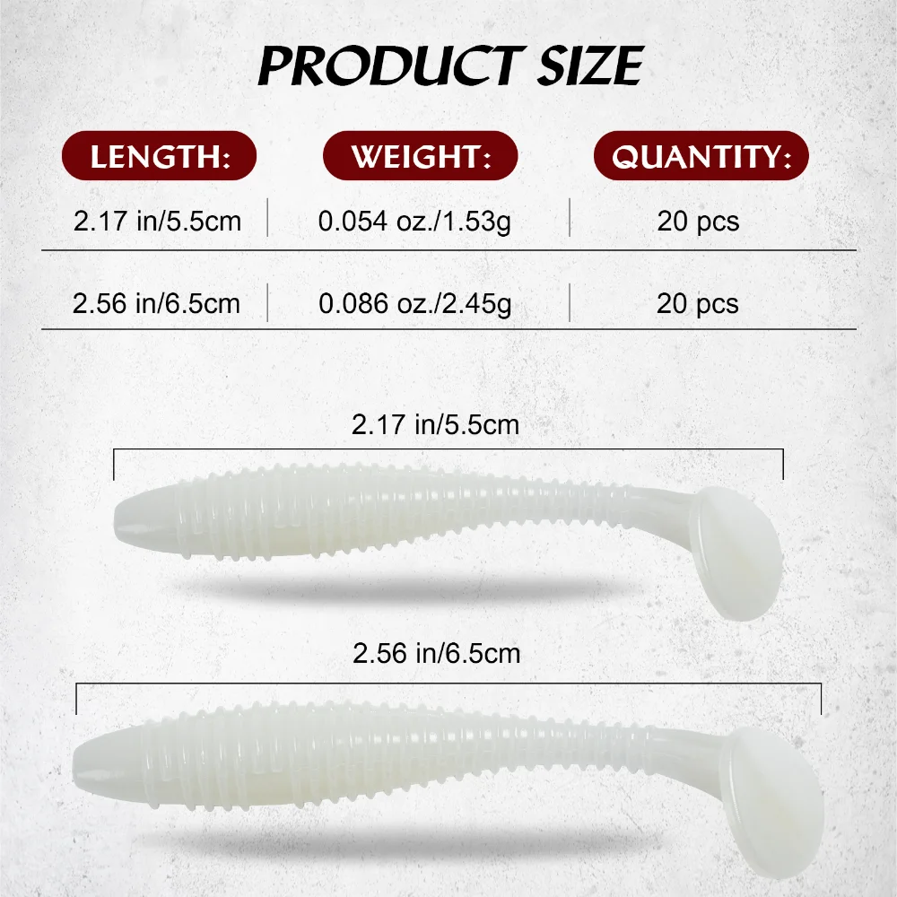 Goture 20 unids/lote Señuelos de Pesca blandos cola en T cebo suave de gusano 55mm 65mm Wobblers carpa señuelo de pesca de silicona Artificial Swimbait - imagen 5