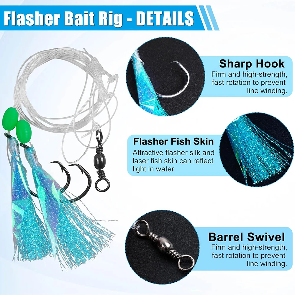 10 paquetes de aparejos de cebo de pesca, anzuelos de agua salada, señuelos intermitentes, aparejos de pesca con mono líder para lubina, aparejos de pesca con fondo de halibut - imagen 3
