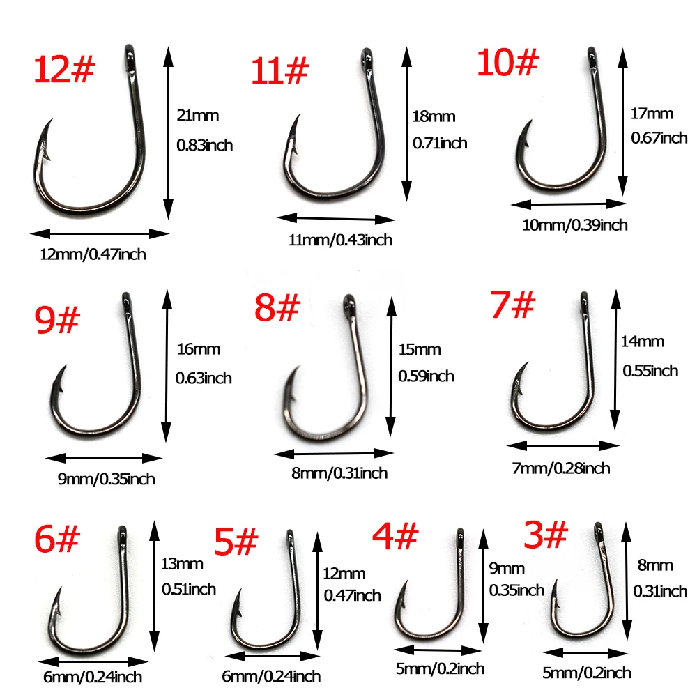 MNFT 200 piezas 3 # -12 #   Juego de anzuelos de pesca con púas de acero rico en carbono para accesorios de pesca de agua dulce y salada - imagen 2