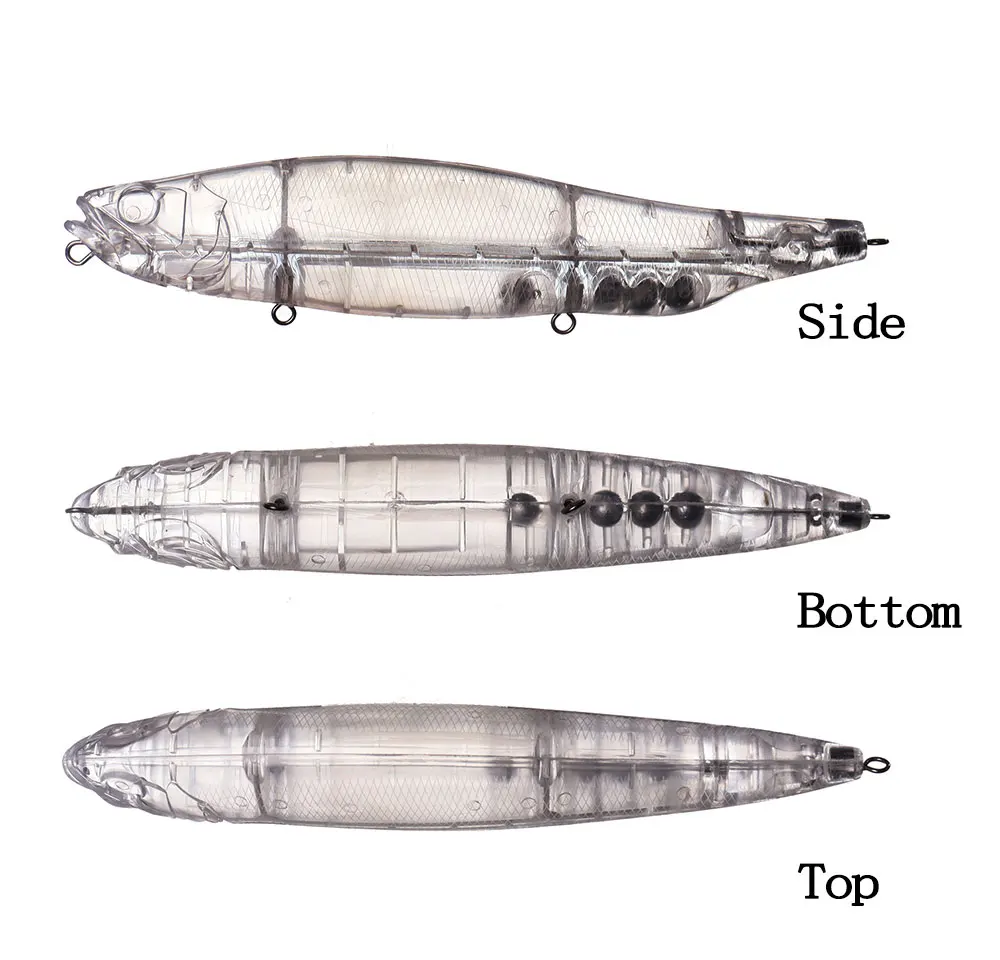 Un señuelo de pesca transparente con fondo lateral detallado y vistas superiores