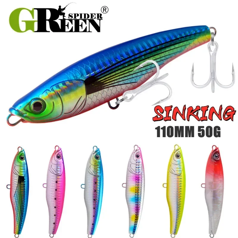 GREENSPIDER 110mm 50g Señuelos de pesca con lápiz que se hunden Wobbler Stickbait cebo duro Artificial para pesca de atún marino GT