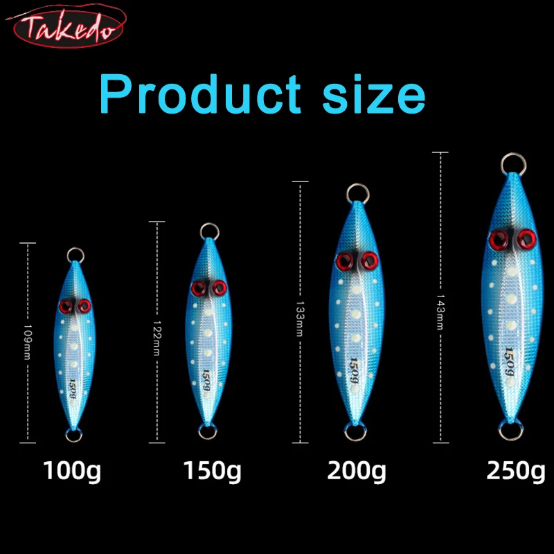 TAKEDO MJ01 100g 150g 200g 250g señuelo de Jigging de paso lento cebo de plantilla de vibración de Metal señuelo de pesca luminoso cebo de plantilla de plomo - imagen 4