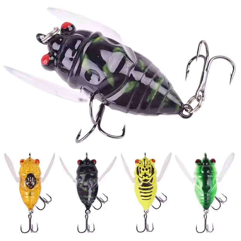 TAKEDO 4 Uds señuelo de pesca de cigarra 5CM 6G Wobblers Crankbait de agua superior con 8 #   Cebo artificial con anzuelos triples para carpa y bajo