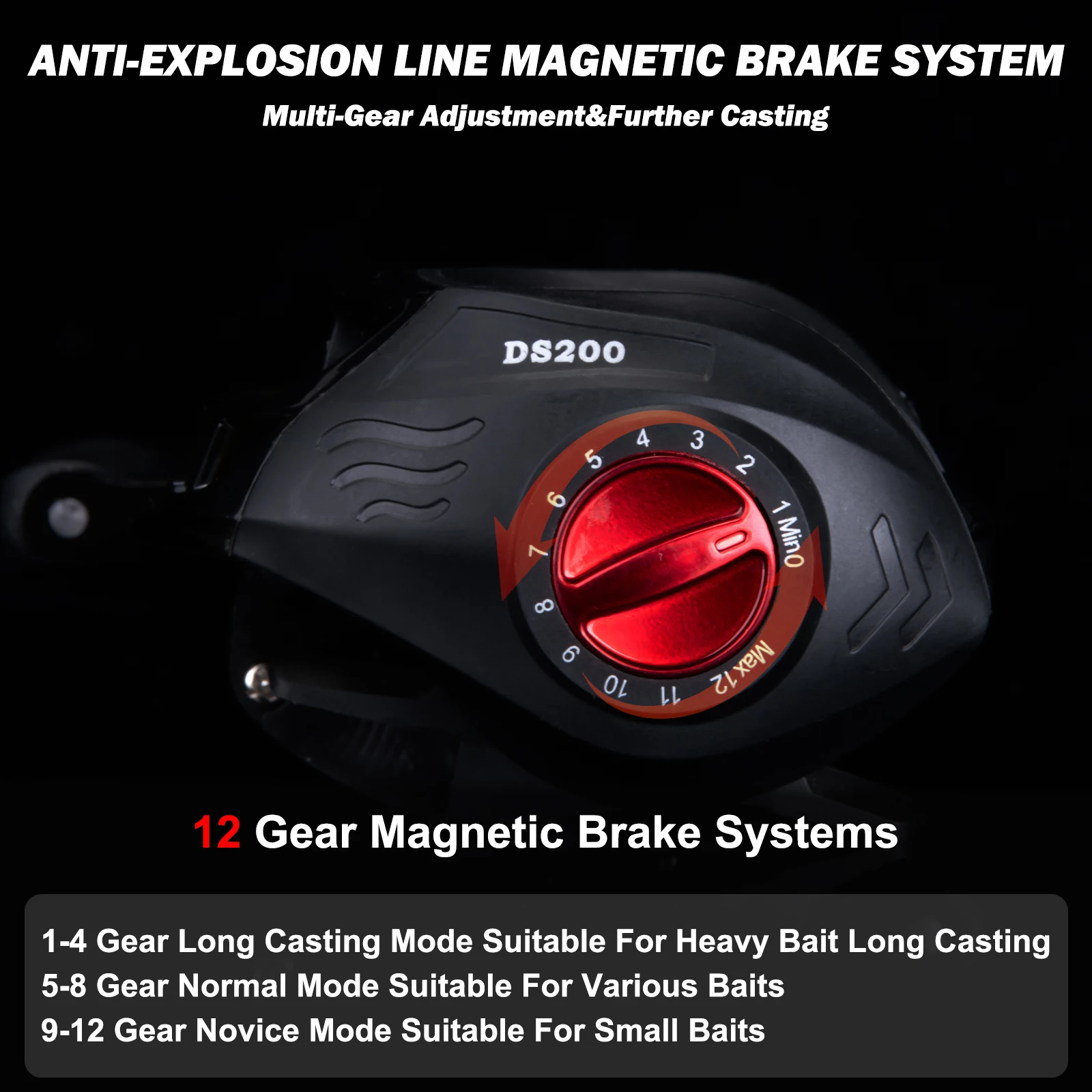 Goture-carrete de pesca DS200 de alto rendimiento, ligero, Baitcasting, relación de engranaje 7,2: 1, sistema de frenado magnético 12, arrastre máximo 8kg - imagen 5