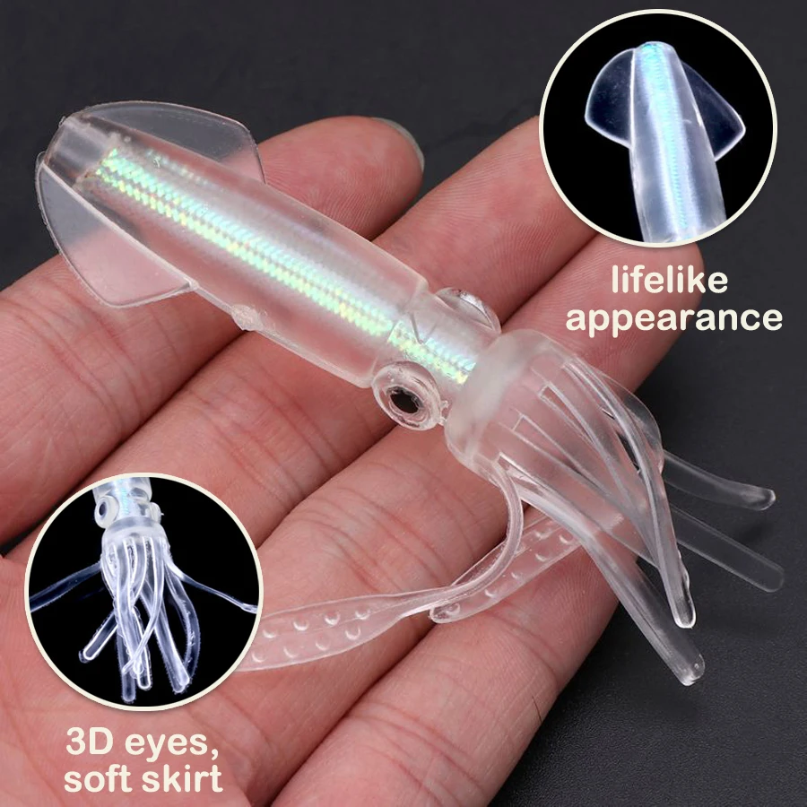 Cebos de calamar luminosos para pesca nocturna, señuelos artificiales grandes, cebo suave que brilla, 3,94 ", 0,28 oz - imagen 3