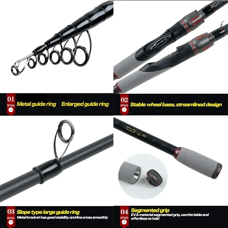 Caña de pescar giratoria telescópica ultraligera, 6-7 secciones M, caña de señuelo de carbono de acción rápida con punta sólida, peso de cebo de 8-18g - imagen 4