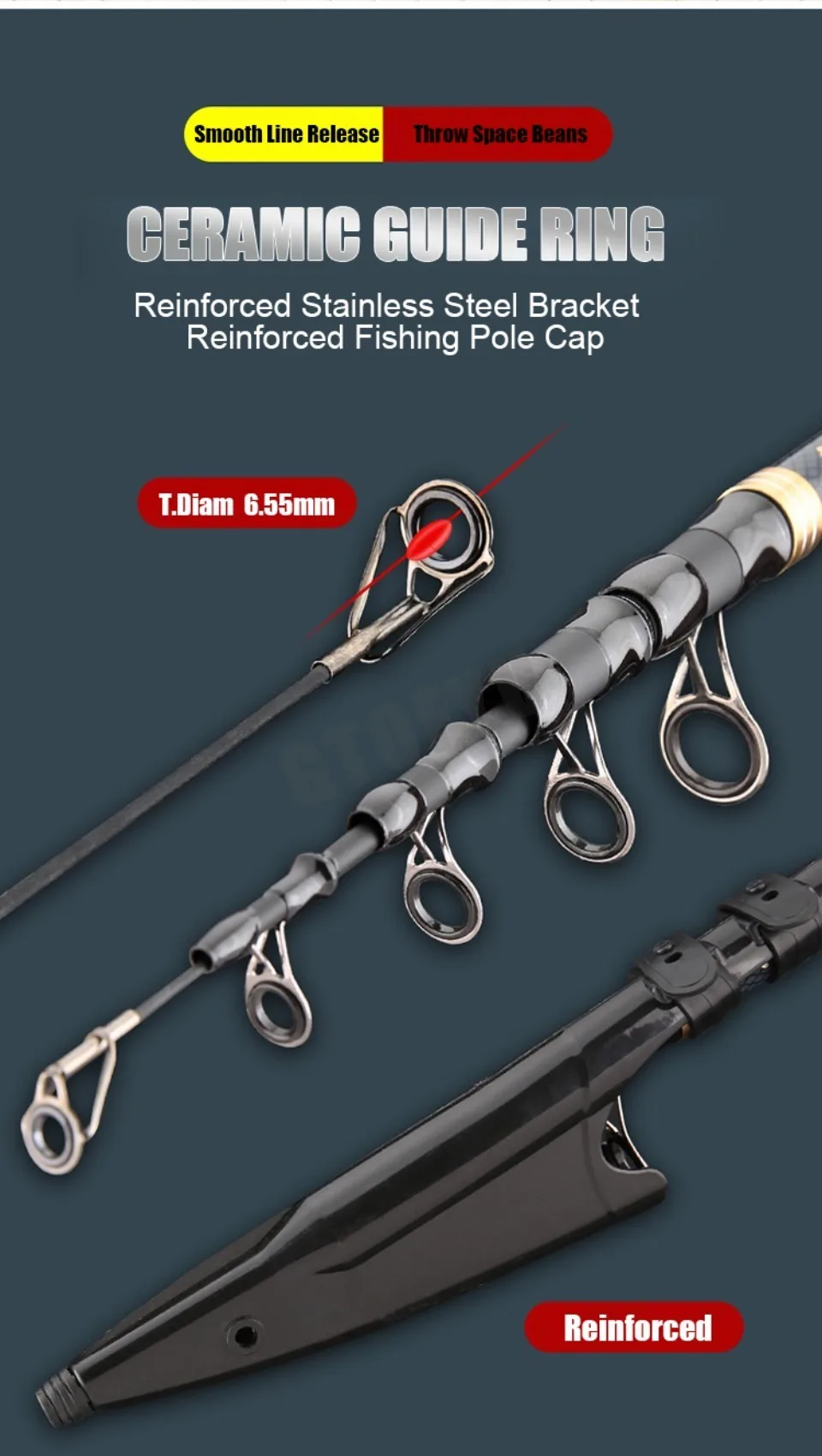 Guía de cerámica Anillo de acero inoxidable reforzado Soporte de acero inoxidable y gorra de pesca reforzada