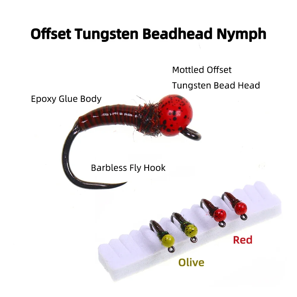 Wifreo 4 piezas # 12 # 14 Offset manchado ponderado Beadhead Jig sin púas Ninfa Perdigon Ninfa pesca con mosca moscas húmedas señuelo Oliva roja - imagen 2