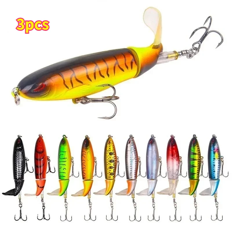 Señuelo de pesca Topwater Pencil Plopper, superficie de Tractor, hélice Wobblers, cola suave giratoria, cebo duro, aparejos de pesca, 3 uds.