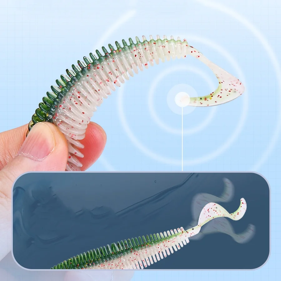 Señuelo de pesca suave, cebo Artificial de gusano de microranura, cola de Hoz TPE, 10cm, 5g, lentejuelas reflectantes, lote de atracción, 5 piezas - imagen 5