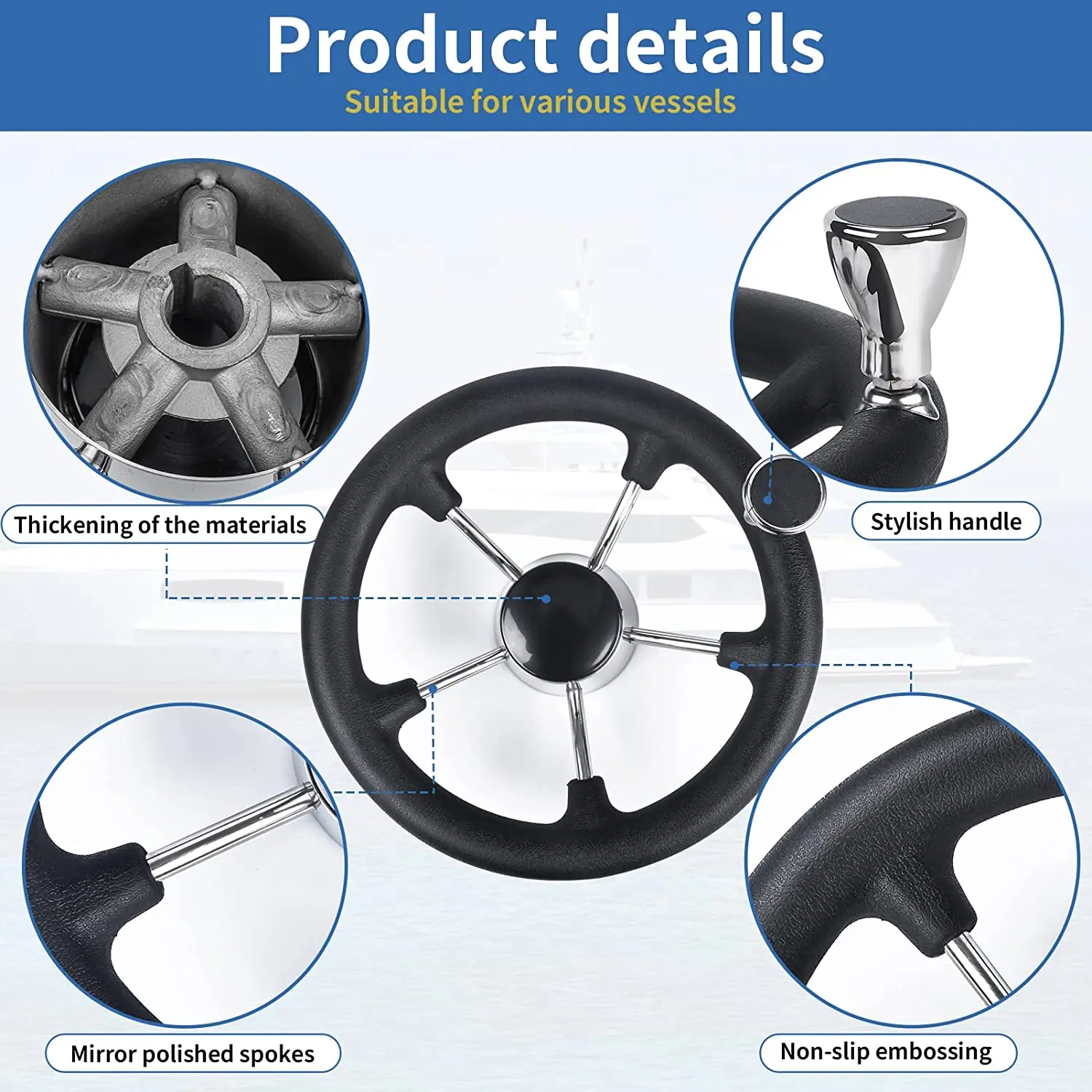 Accesorios para barcos, volante de acero inoxidable de 15,5 pulgadas con empuñadura de espuma negra y perilla, destructor de 5 radios para yate marino - imagen 5