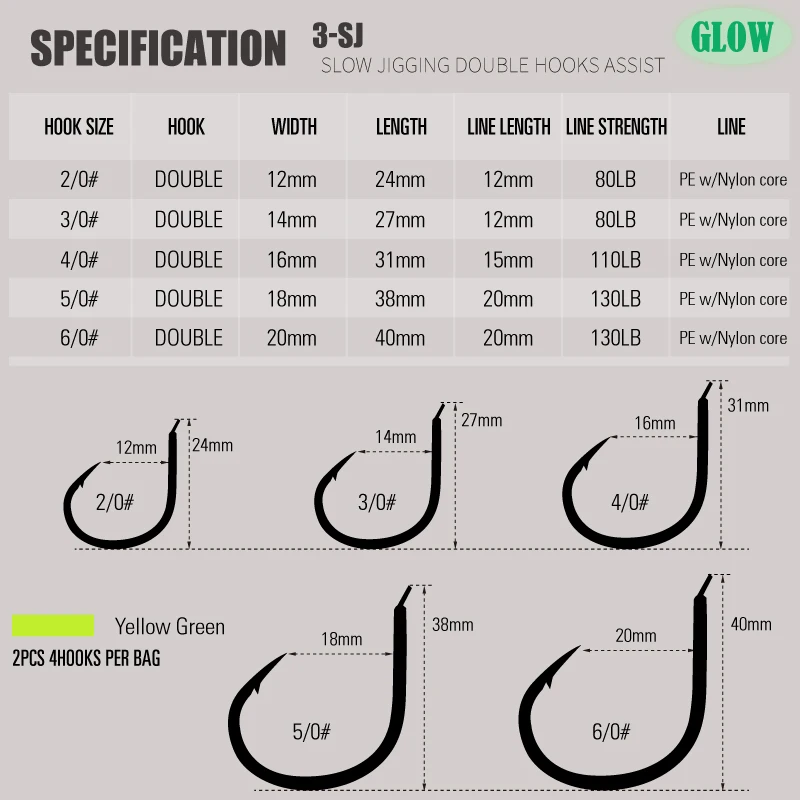 3-SJ Anzuelos assist dobles slow jigging fluorescentes para sargos mar - imagen 5