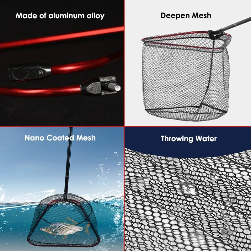 Accesorios de cabeza de red de mano plegable, incluye malla de nailon de goma negra y marco de cabeza de red de aleación de aluminio rojo, 1 Juego - imagen 5
