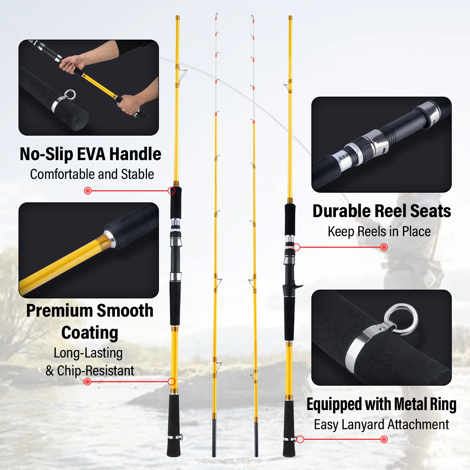 Caña de pescar giratoria/fundida de 2,1 M y 2,4 M, guías de cerámica de potencia MH de acción rápida, caña de pescar en alta mar de EVA/grafito, agua salada, amarillo - imagen 4