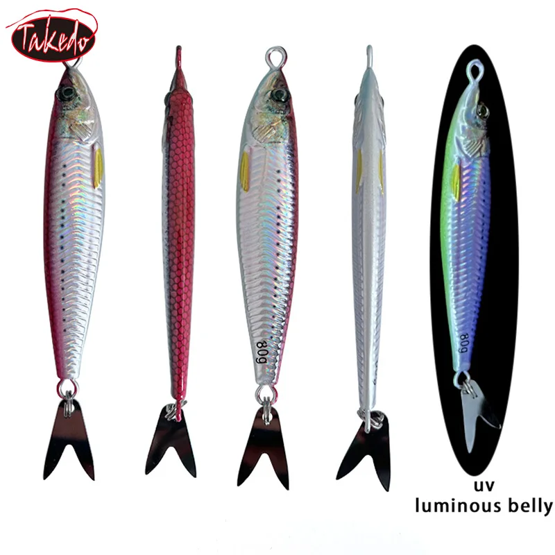 TAKEDO JY01 40g 60g 80g señuelo de Jigging pesca en el mar plantilla de Metal cebo Señuelos de Pesca recubrimiento UV Jerkbait artificial vientre luminoso - imagen 3