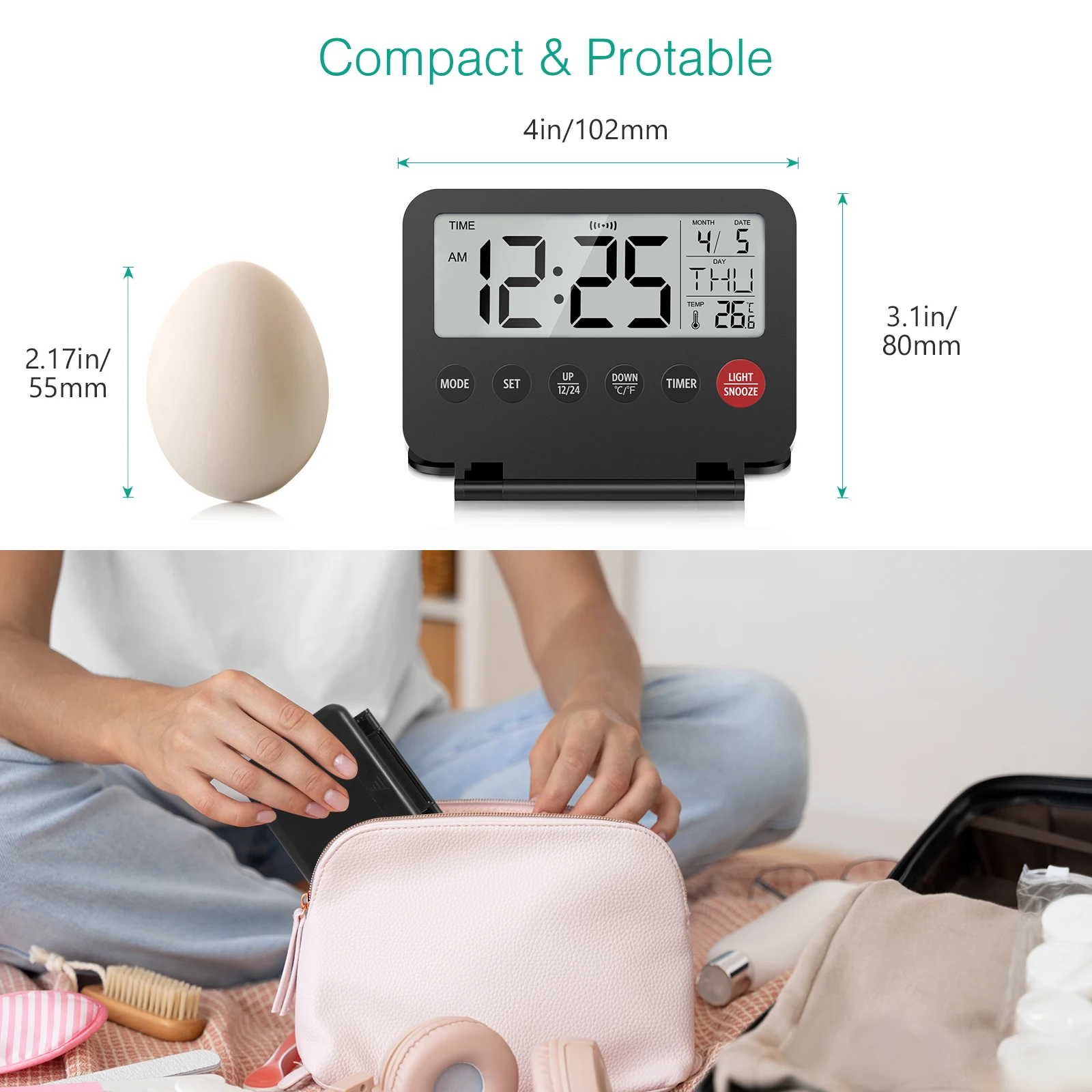 Reloj despertador digital plegable ORIA – LCD compacto para viajes - imagen 3
