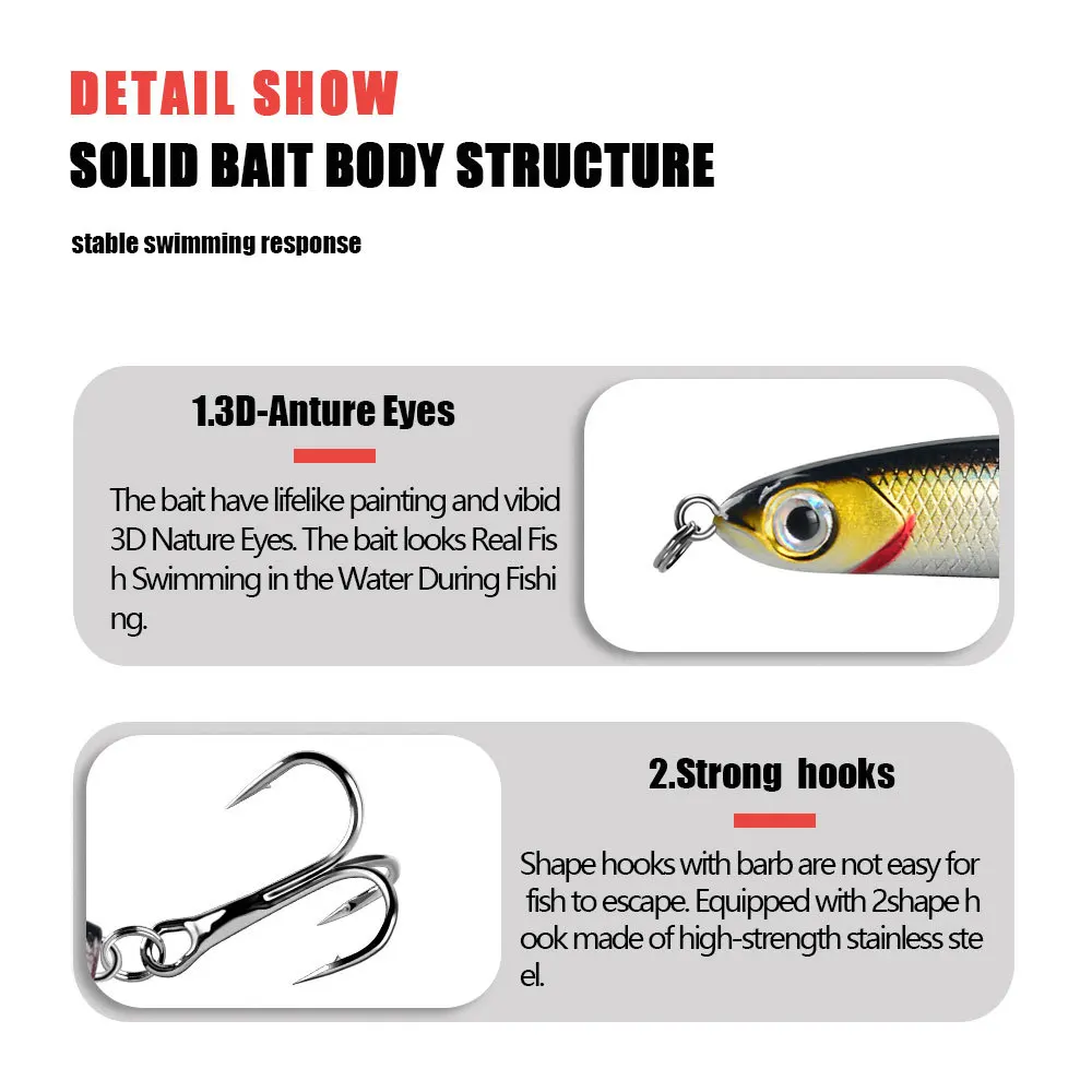Señuelo de Pesca de lápiz de hundimiento, 1 piezas, Wobblers, 6,4 cm, 5g, Mini cebo duro de Metal Artificial, plantilla 3D, ojos, Pesca, trucha, aparejos de Pesca - imagen 4