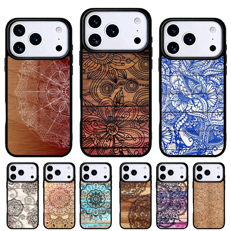 Funda de madera con mandala floral para iPhone 17 Pro Max