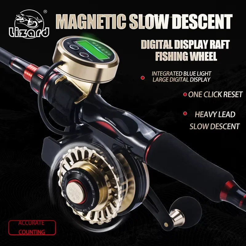 Carrete de pesca de lagarto con cuerpo totalmente metálico y mango de metal, carrete de pesca de balsa con pantalla digital, arrastre máximo de 5kg con rodamiento 10 + 1