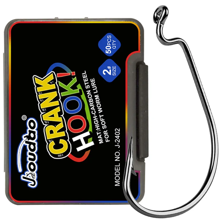 Anzuelo de manivela Offset de pesca, gancho de gusano de gran espacio, negro, acero de alto carbono, con púas, para señuelo de pesca suave 5/0-10 # - imagen 2