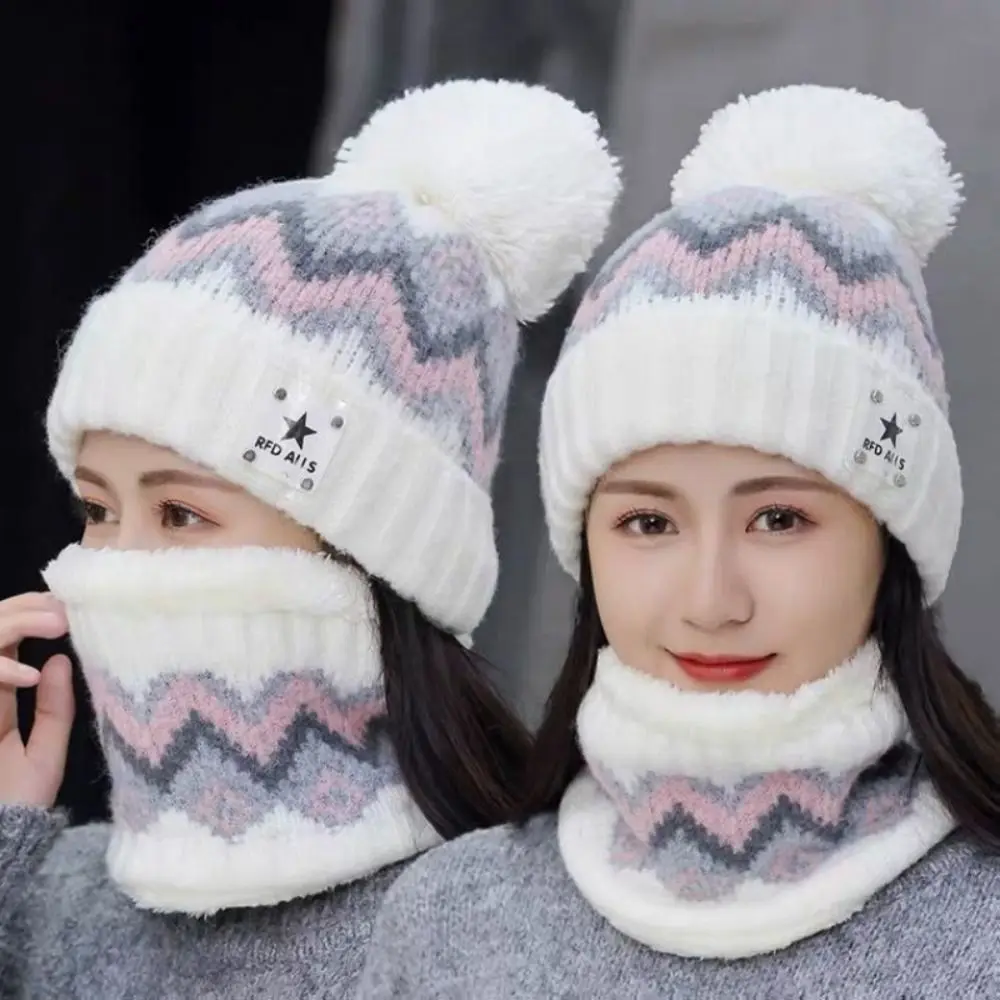 Gorros de terciopelo para exteriores, gorro a prueba de viento, grueso, cálido, calentador de cuello, protección para los oídos, conjunto de bufanda para mujer