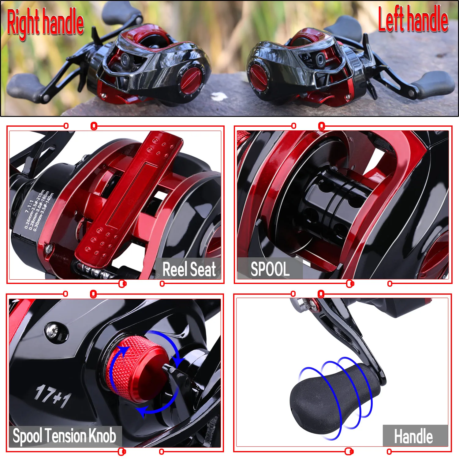 Sougayilang-Carretes de Baitcasting 17 + 1BB y relación de engranaje de alta velocidad 7,1: 1, anticorrosión para pesca de carpa de agua dulce y salada - imagen 5