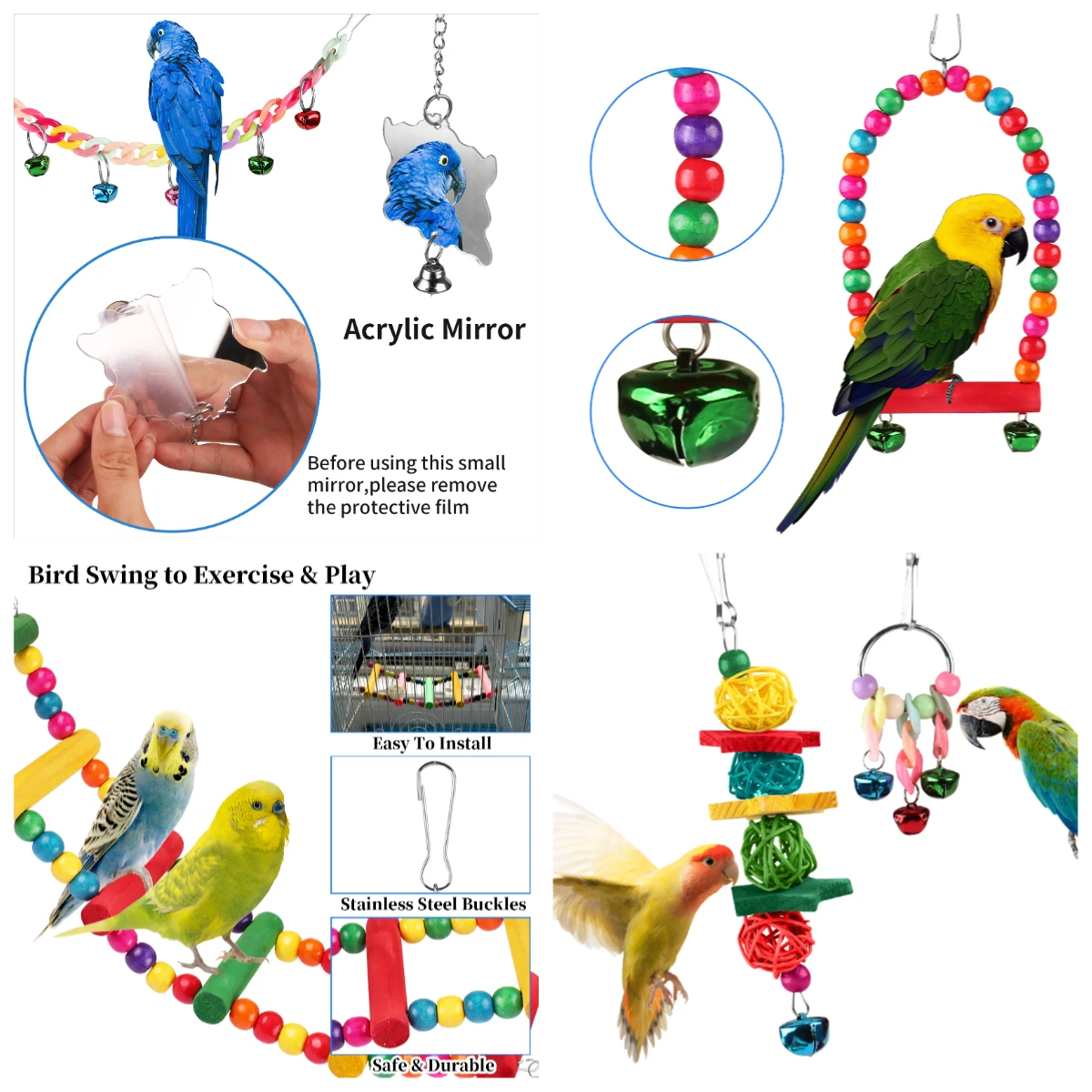 8 piezas de juguetes coloridos para periquitos y pájaros, columpio colgante de pie, juguete para masticar, hamaca, escalera de escalada, jaula para pájaros, juguete para periquito - imagen 5