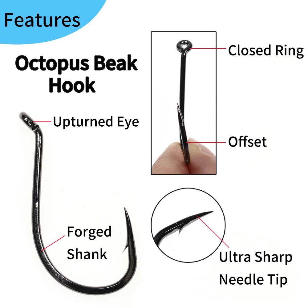 Ellllv # 10 - 10/0 pico de pulpo luminoso acero alto en carbono UV Fluo Offset anzuelo de pesca de agua salada anzuelo de cebo negro verde naranja - imagen 5