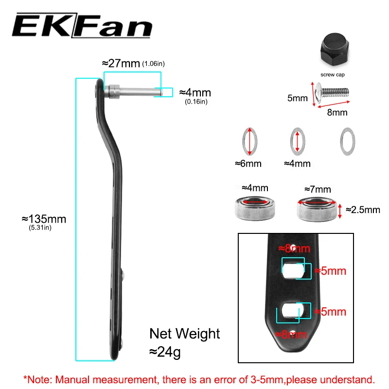 EKFan 135MM 8x5MM doble agujero mango de aleación eje de 4MM 7x4x2,5 MM rodamientos para carrete Dawa Bastcast DIY - imagen 5
