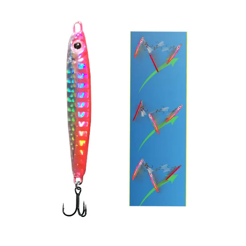 Un señuelo de pesca colorido con una superficie reflectante brillante y ganchos de agudos, diseñados para atraer peces