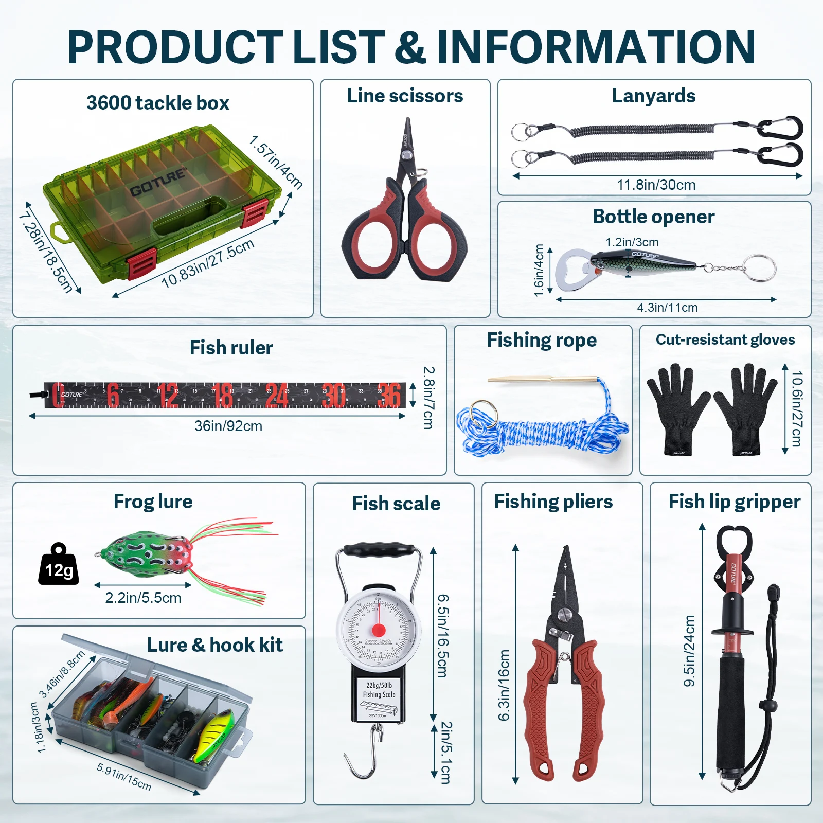Goture, nuevo juego de aparejos de pesca todo en uno, tijeras, agarre para peces, señuelos de pesca, caja de aparejos, guantes, escala, elementos esenciales para pesca al aire libre