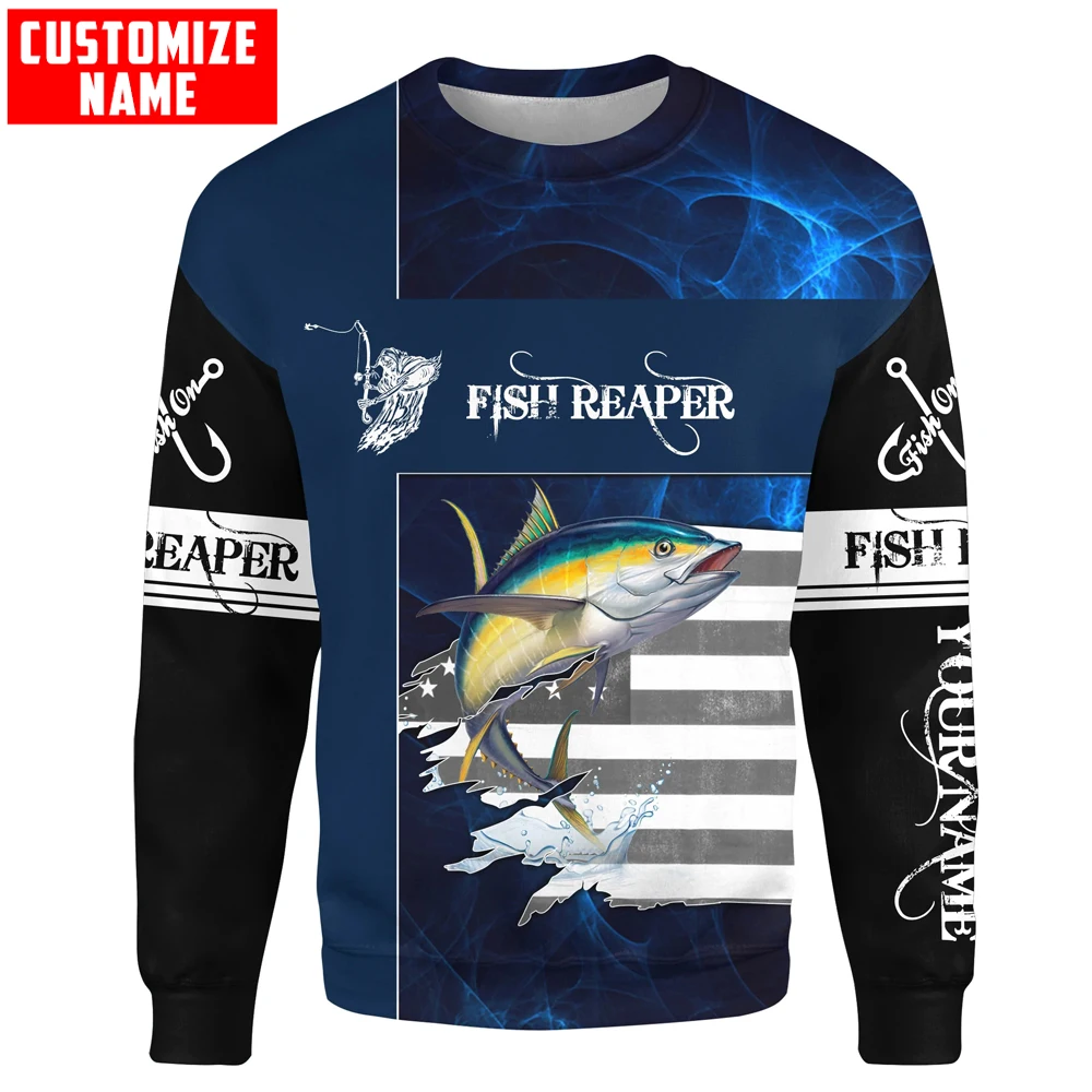 Fish Reaper Yellowfin Pesca al atún Nombre personalizado Sudadera con capucha y sudadera con estampado 3D para hombre Sudaderas con capucha con cremallera unisex Chándales casuales KJ917 - imagen 2