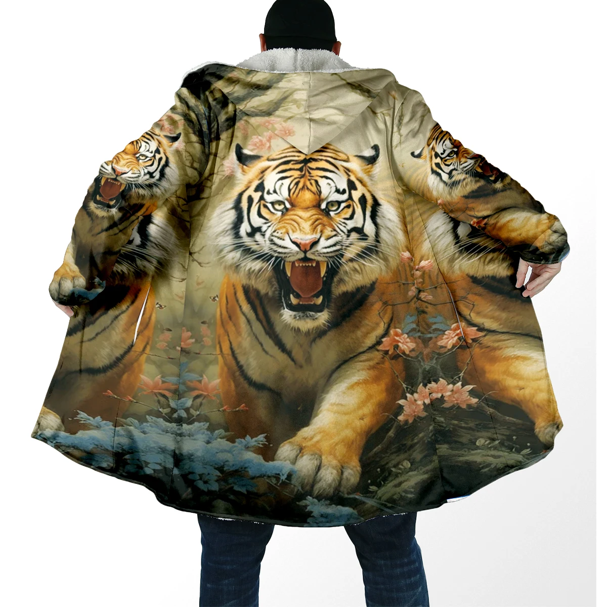 2025 capa de moda de invierno para hombre, capa con capucha de lana gruesa con estampado 3D de tigre Animal, capa cálida informal Unisex DP92 - imagen 5