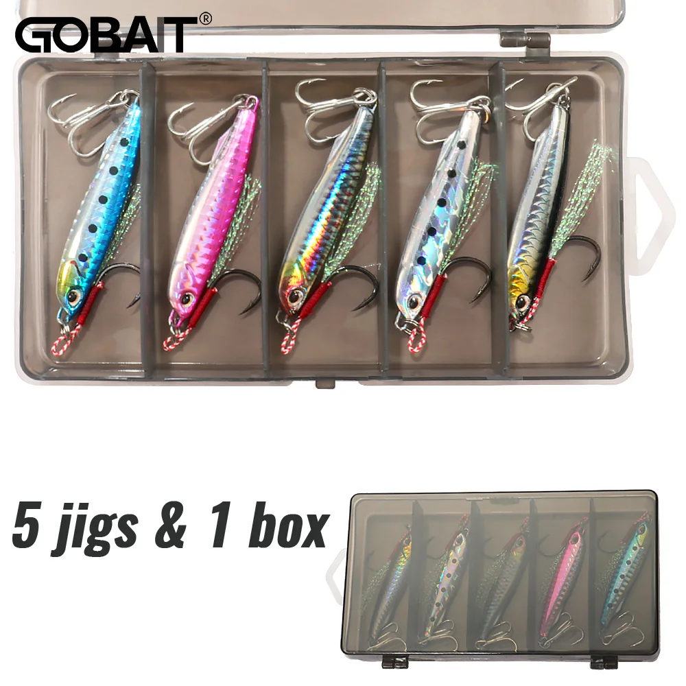 GOBAIT-Kit de señuelos de plantilla de Metal, 5 uds., 10g, 20g, 30g, 40g, gancho de pluma, anzuelos triples, juego de Pesca, caja de aparejos de Pesca de carpa, cebo