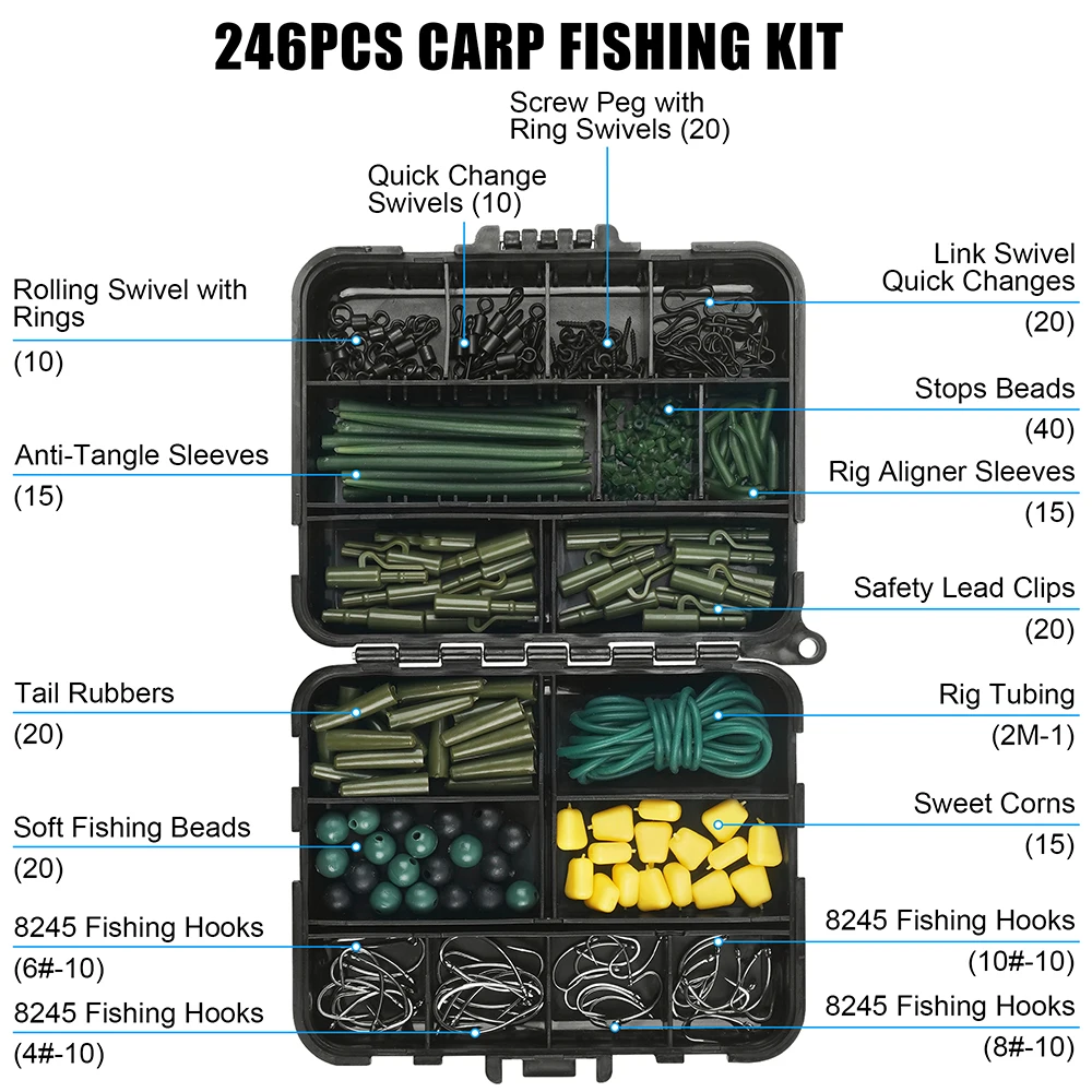 Kit de fabricación de aparejos de pesca de carpa, 246 Uds., incluye anzuelos sin púas, giratorios, Clips de seguridad, mangas de tubo de goma, varios accesorios para aparejos de carpa - imagen 2