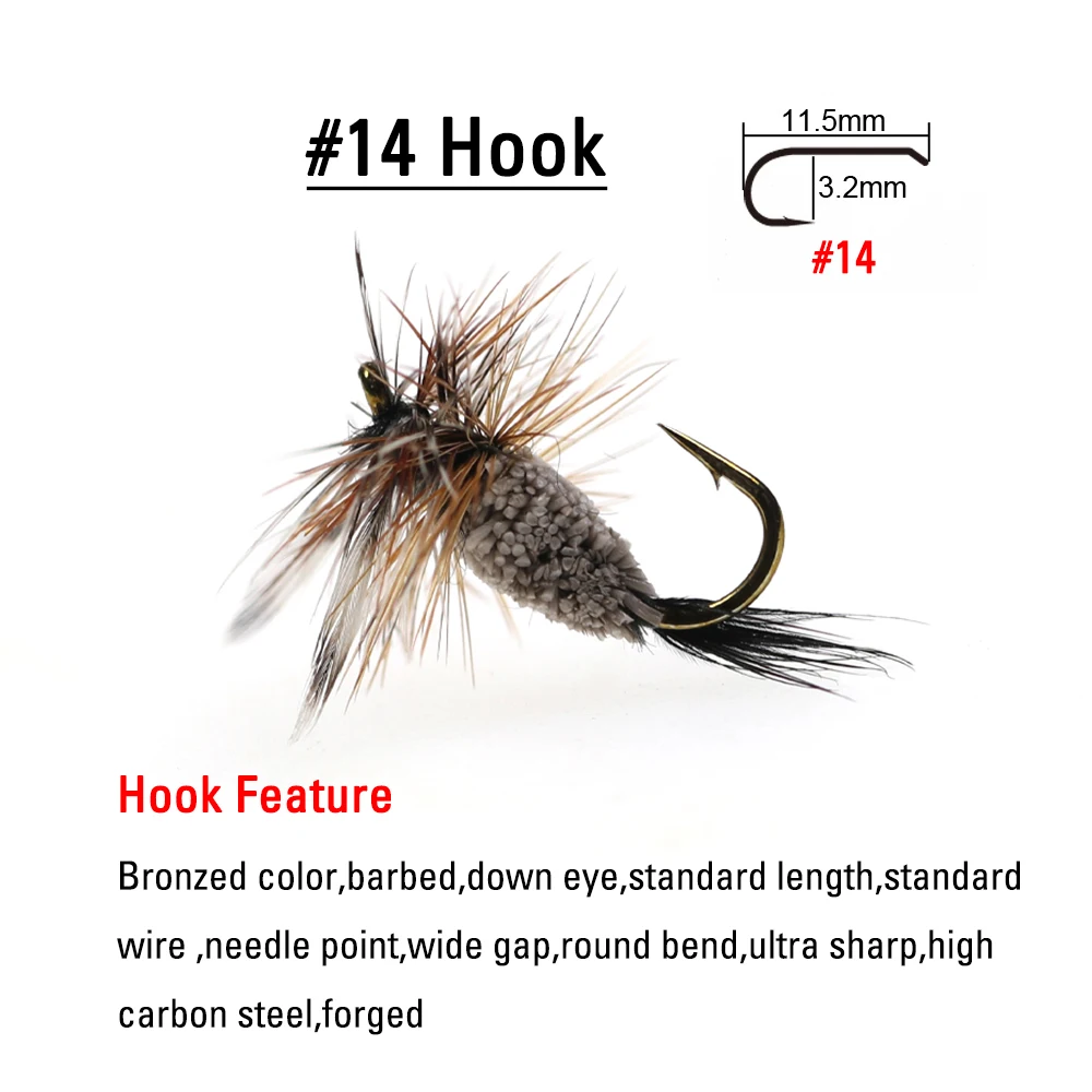 ICERIO 6 piezas # 14 Adams irresistible mosca seca ciervo pelo cuerpo Grizzly Hack anzuelos bronceados Caddis Midge Mayfly trucha señuelo de pesca cebo - imagen 3
