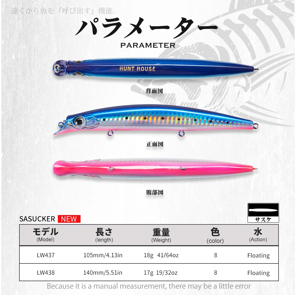 Hunthouse-señuelo de pesca de pececillo, cebo flotante para lubina Artificial, 105mm/18g, 140mm/17g, Sasuck, lápiz, Jerkbait, Wobbler - imagen 3