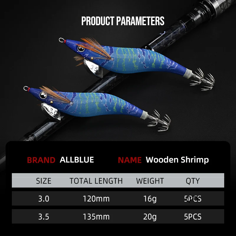 ALLBLUE 5 piezas Egi Kit 3.0 #   3.5 #   Anzuelos de calamar de hundimiento lento, pesca de calamar, pulpo, sepia, señuelos de Jigging artificiales luminosos - imagen 2