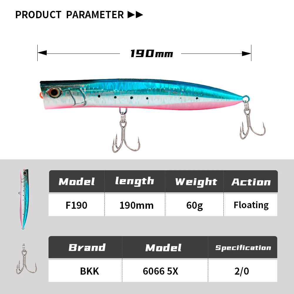 JIGGINGPRO-señuelo de pesca flotante, 190mm, 60g, Topwater Slim Popper, Amberjack Kingfish Tuna GT Bait - imagen 3