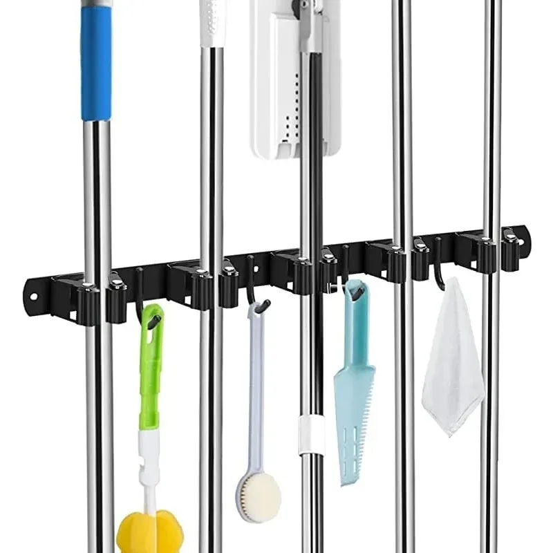 Soporte de escoba de montaje en pared, organizador de fregona, bastidores de herramientas de almacenamiento, ganchos de acero inoxidable, antideslizantes para el hogar, cocina, jardín, garaje de lavandería - imagen 2
