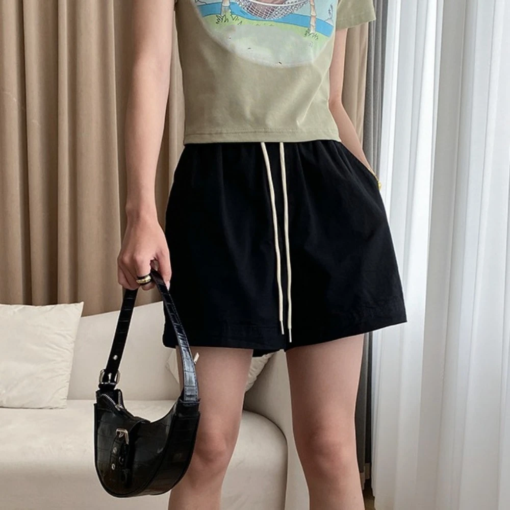 Pantalones cortos sueltos de algodón que combinan con todo, pantalones cortos con cordones y bolsillo, pantalones cortos con cordón de cintura alta, pantalones cortos de pierna ancha de talla grande de Color sólido para mujer - imagen 3