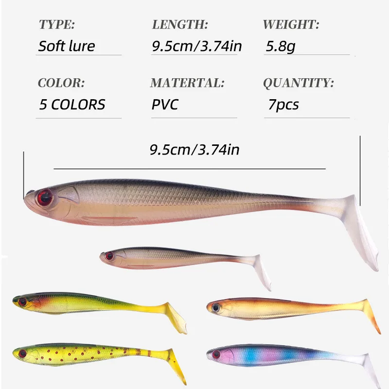 Juego de 7 Uds. De Señuelos blandos de 95mm y 5,5g, Pesca Swimbait, señuelo de Pesca, aparejos de Pesca Crankbait, señuelos, Pesca de carpa - imagen 3