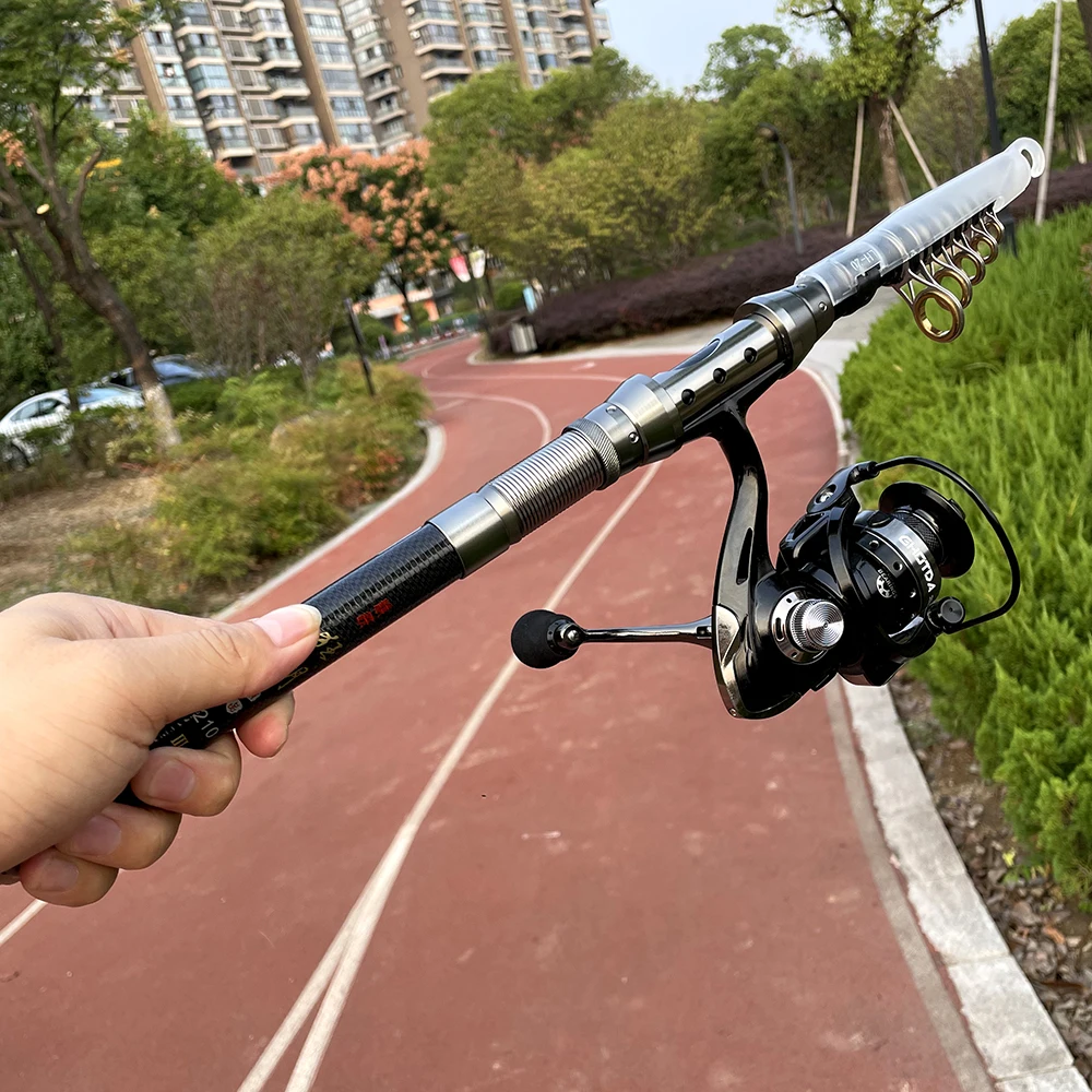 Caña de pescar telescópica, caña de viaje de 1,5-2,4 m de carbono + aleación con carrete giratorio, arrastre máximo de 6kg, caña de pescar ultraligera para carrete - imagen 2