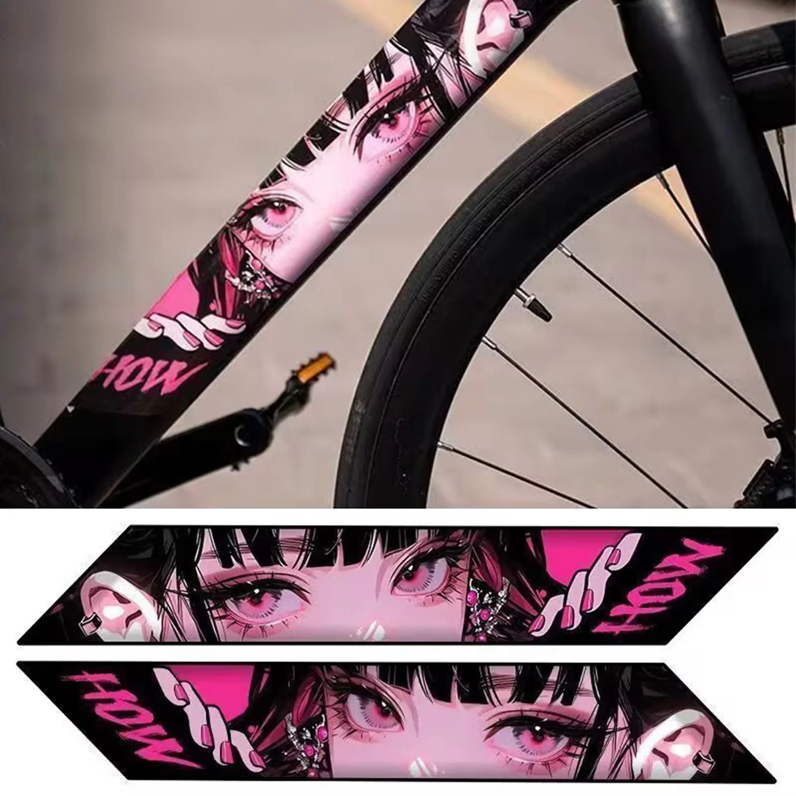 Pegatinas de decoración de bicicleta de moda, patrón de ojo de Manga personalizado, tubo inferior de bicicleta, pegatina impermeable, accesorios de ciclismo, 2 uds. - imagen 5