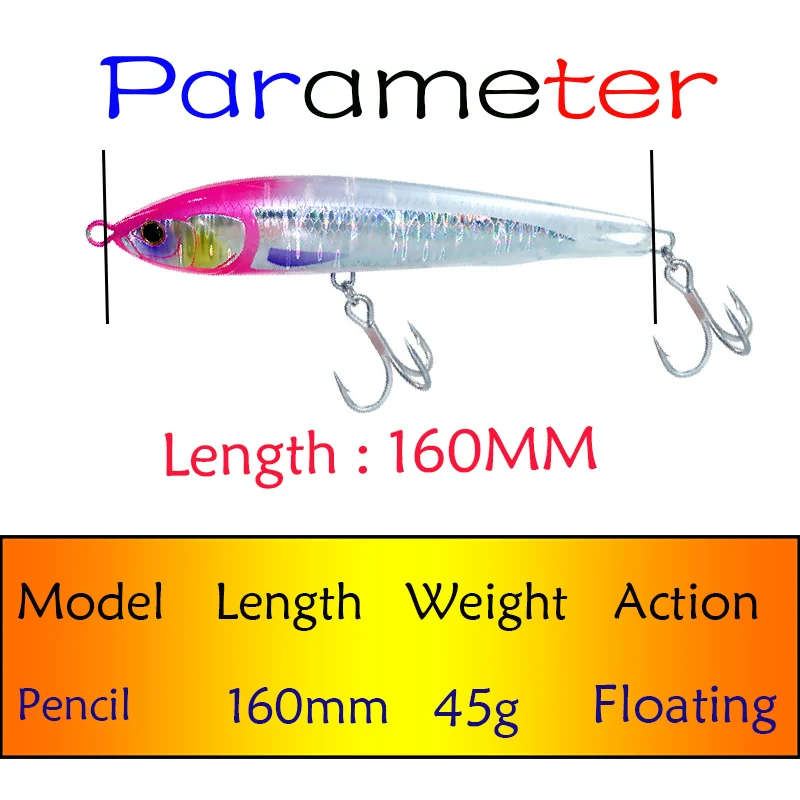 Testar-señuelo de Pesca de 160mm y 45g, cebo de lápiz flotante para curricán, Wobblers artificiales, Stickbait, Pesca en barco, atún, Lucio, lubina - imagen 3